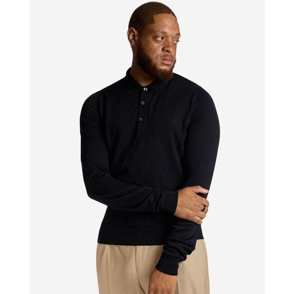 LFC X John Smedley Mens Long Sleeve Button Neck Polo Shirt Black