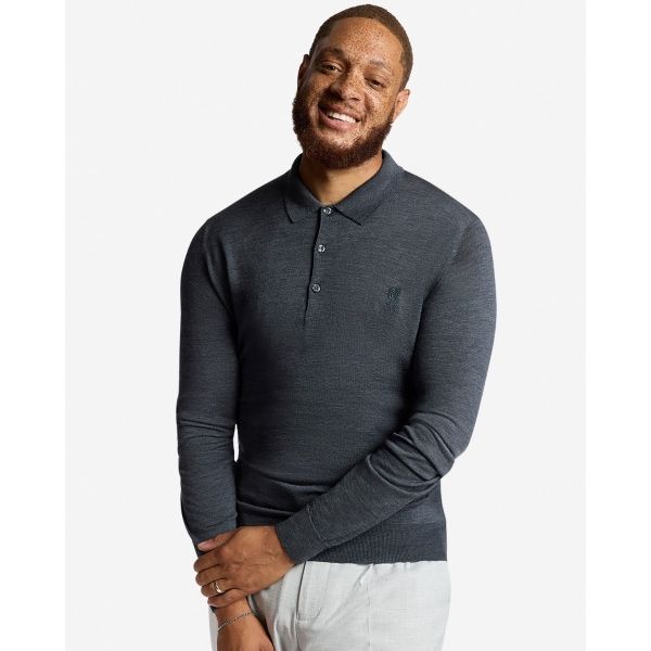LFC X John Smedley Mens Long Sleeve Button Neck Polo Shirt Charcoal